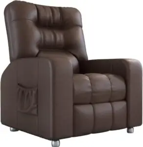 Poltrona reclinável Azera MX7 em couro sintético marrom, com apoio para os pés elevado, encosto almofadado e bolso lateral porta-revistas, ideal para sala de estar, leitura ou descanso.