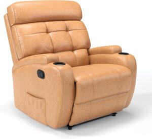 Poltrona do papai reclinável Florença Damie em couro sintético caramelo, com massageador, ideal para salas de estar, home theaters e momentos de relaxamento com estilo.