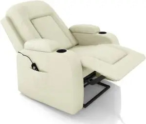 Poltrona do papai reclinável Gambon G31 na cor bege claro, com sistema de massagem, apoio para os pés estendido, encosto reclinável, porta-copos embutido e controle remoto, ideal para salas de estar, home theaters ou espaços de relaxamento.