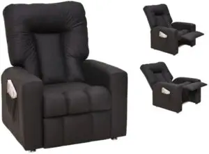 Poltrona reclinável para idoso modelo Matrix Pallas MX5 na cor preta, com porta-revistas lateral e encosto acolchoado, ideal para conforto e descanso em casa.